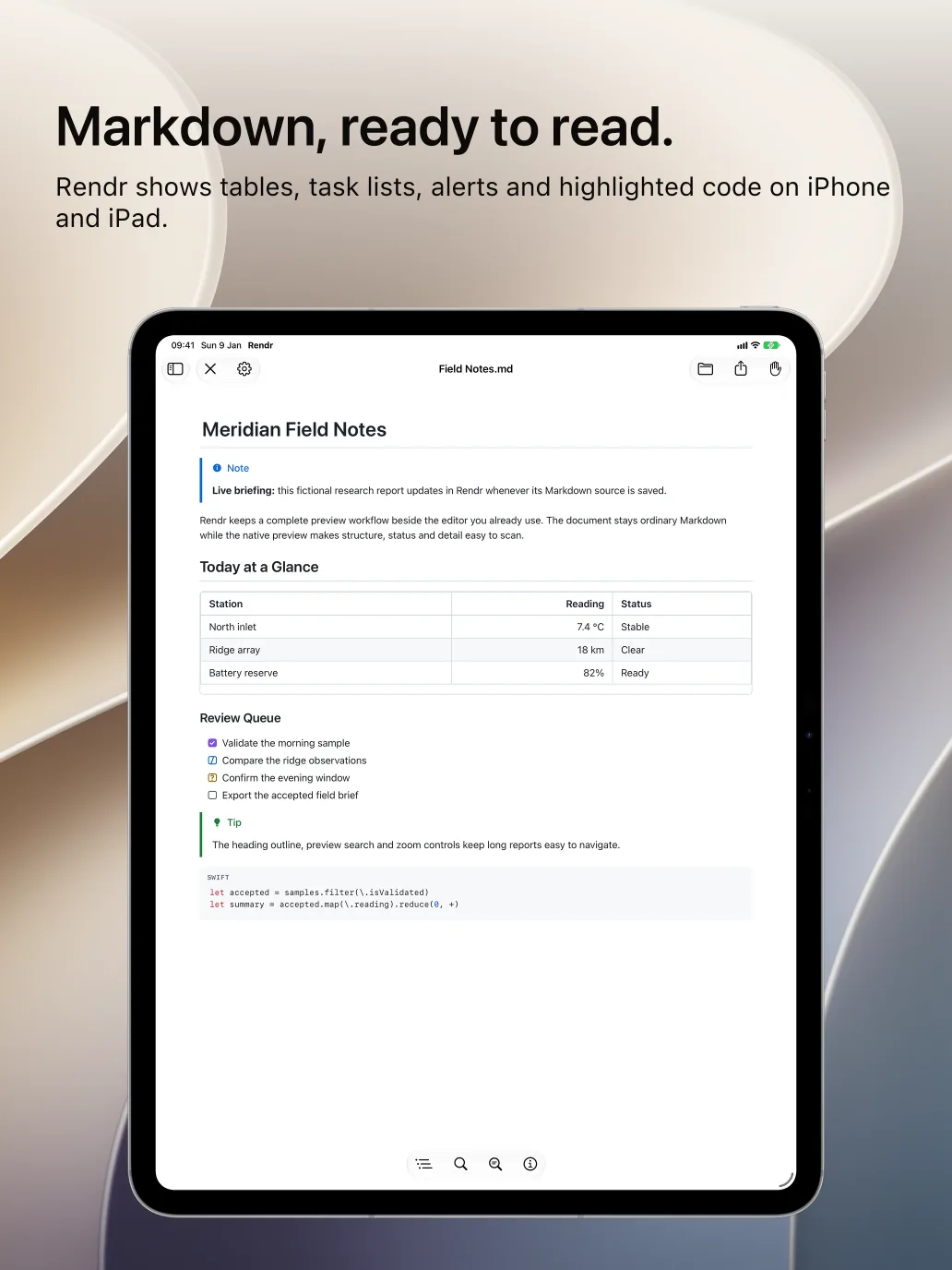 Rendr on iPad with the caption Markdown, ready to read, showing the same report with more room for the table and code.