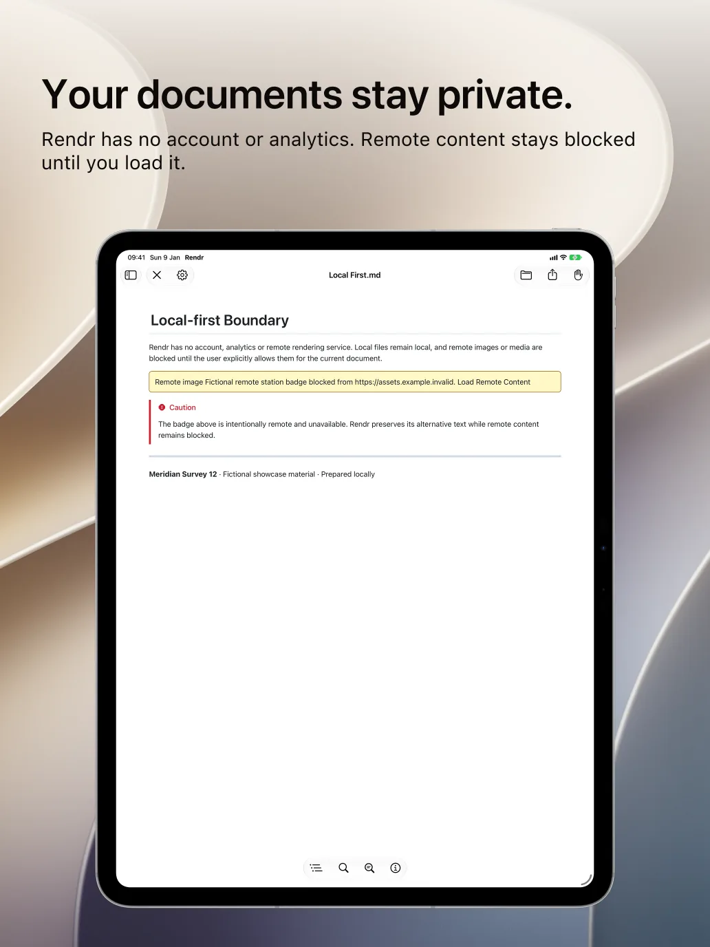 Rendr on iPad with the caption Your documents stay private, showing the same blocked remote image.