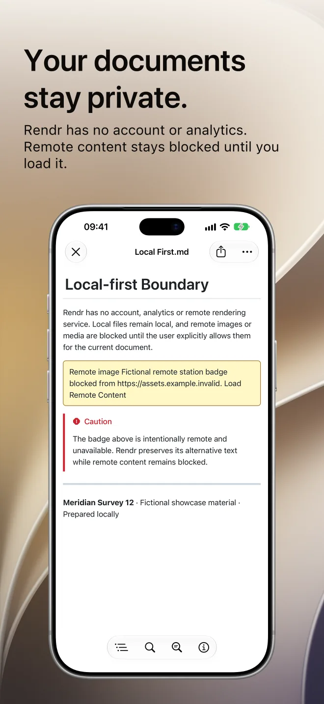 Rendr on iPhone with the caption Your documents stay private. A remote image is blocked and a button offers to load it.