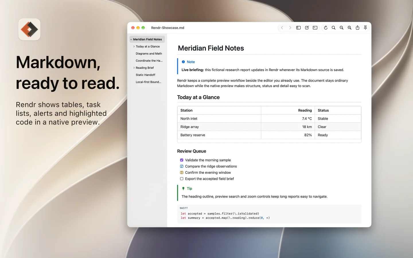 Rendr on a Mac showing a Markdown report with a note, a table, a task list and highlighted code.