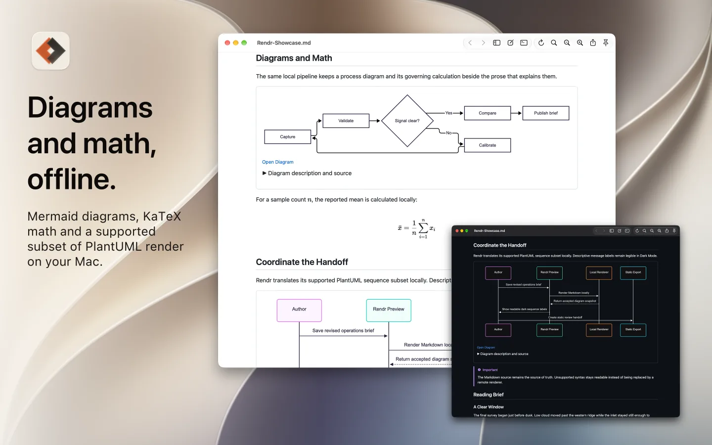 Rendr on a Mac with the caption Diagrams and math, offline, showing a Mermaid flowchart and a KaTeX formula, with a PlantUML sequence diagram in a second window in the other appearance.