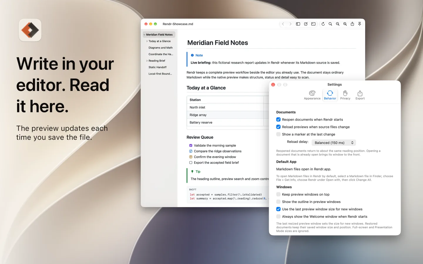 Rendr on a Mac with the caption Write in your editor. Read it here. Settings is open at Behavior, with reloading on file changes turned on.