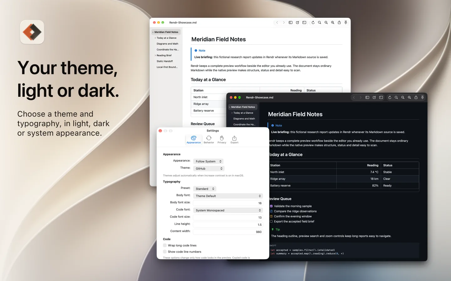 Rendr on a Mac with the caption Your theme, light or dark. Appearance settings sit beside a light and a dark preview of the same document.