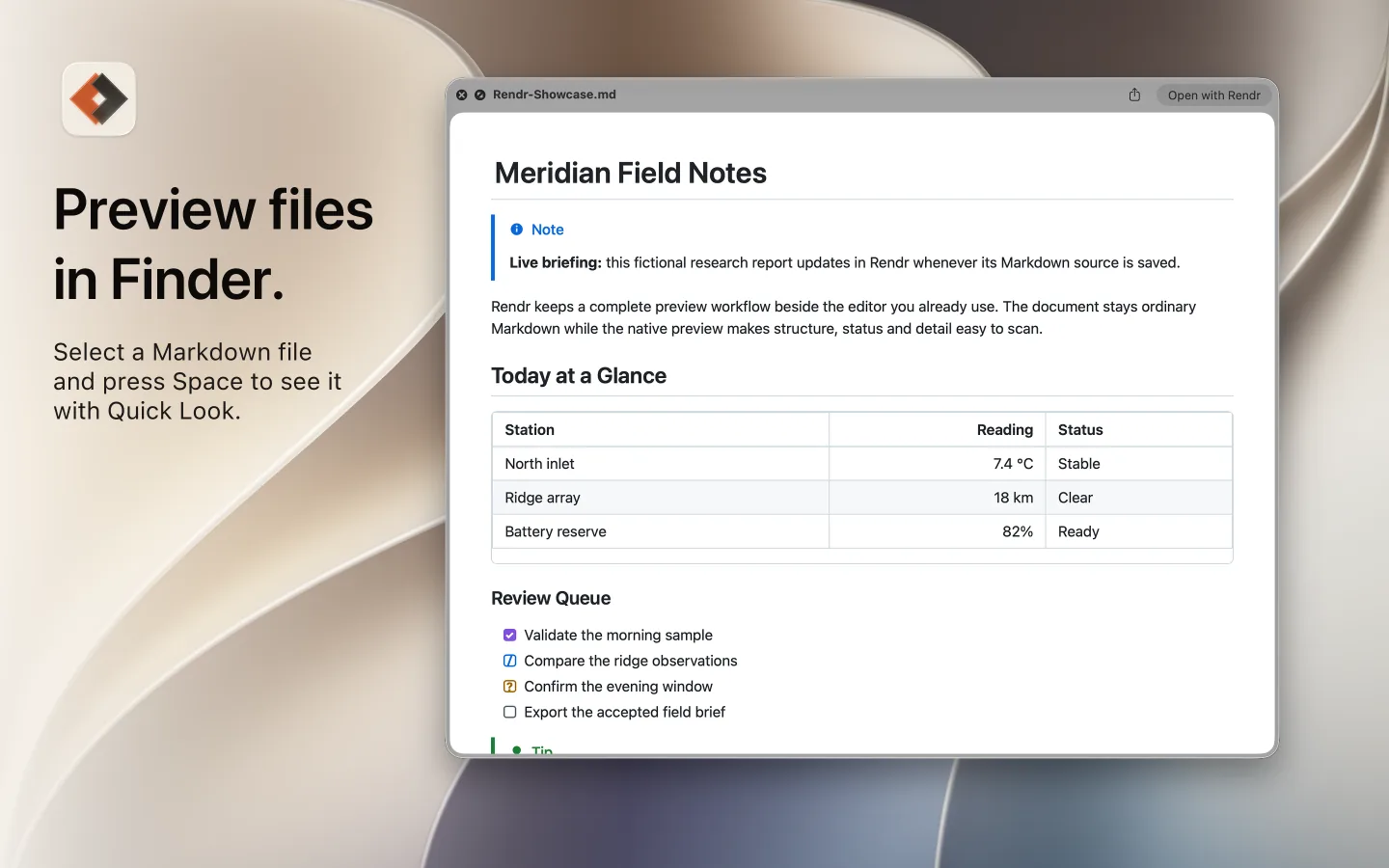 Finder Quick Look with the caption Preview files in Finder, showing a Markdown report rendered by Rendr.