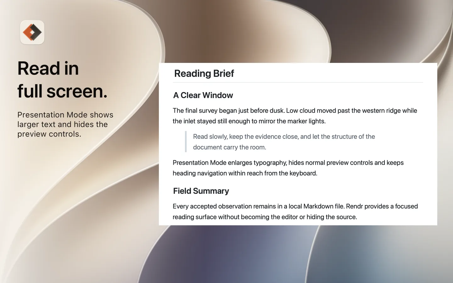 Presentation Mode with the caption Read in full screen, showing a document in large type with the preview controls hidden.