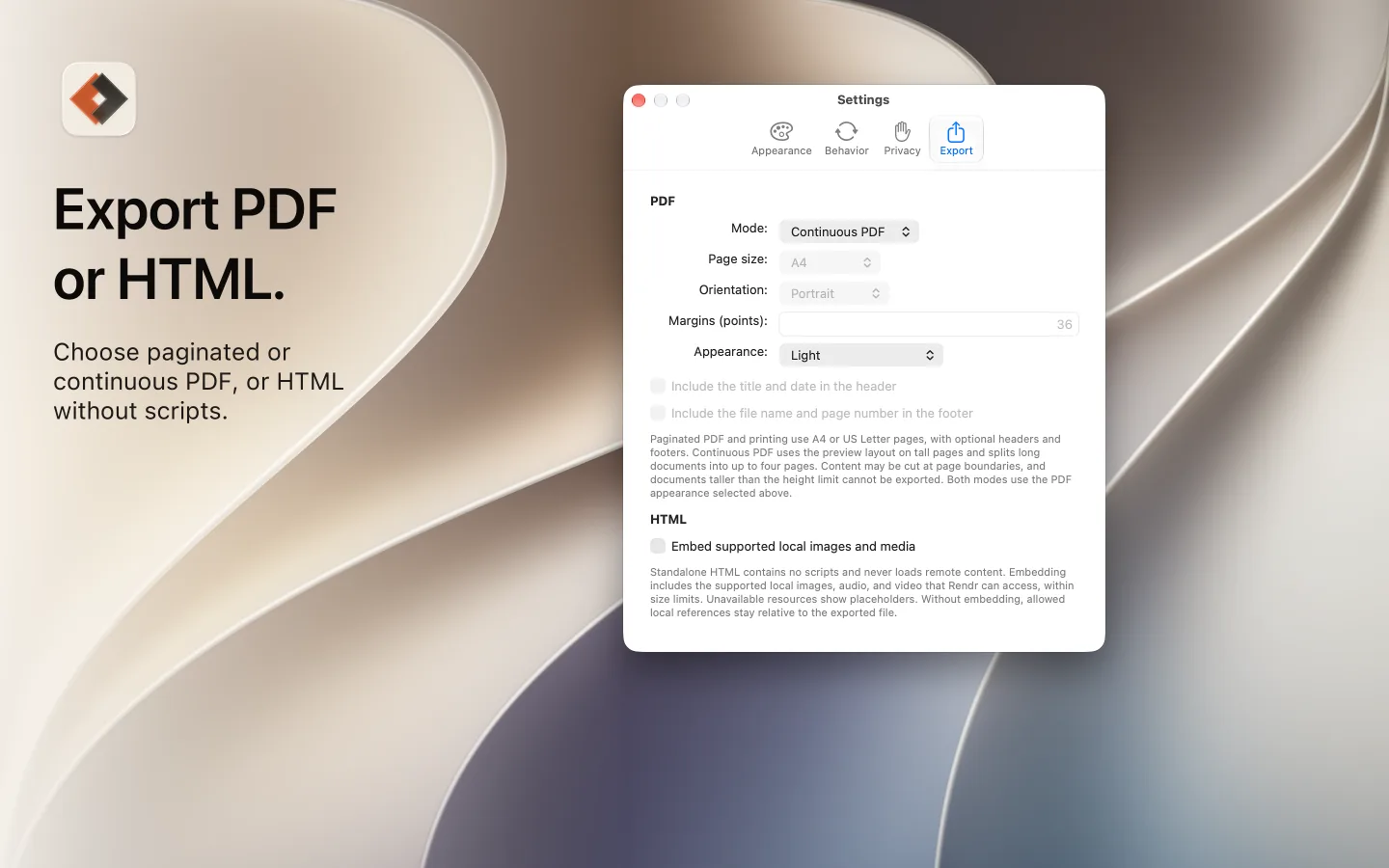 Rendr on a Mac with the caption Export PDF or HTML, showing the Export settings for PDF and HTML.